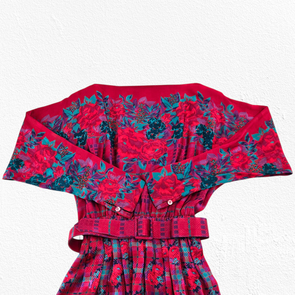 Vintage 80s Halston III Silk Floral Plaid Dress Red Pink Teal Belted Midi Size 4 - Picture 9 of 16